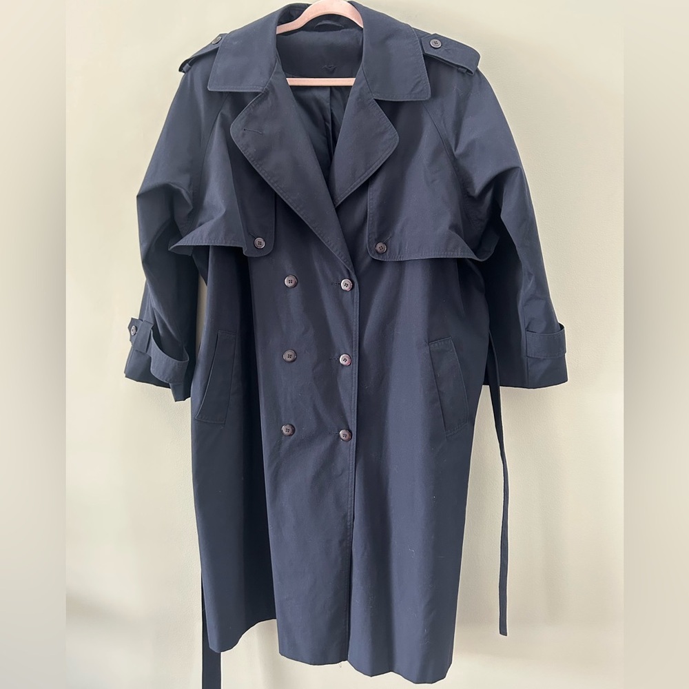 Vintage Twilight Navy Blue 90’s Euro Chic Belted Trendy Equestrian Trench Coat - Picture 3 of 8